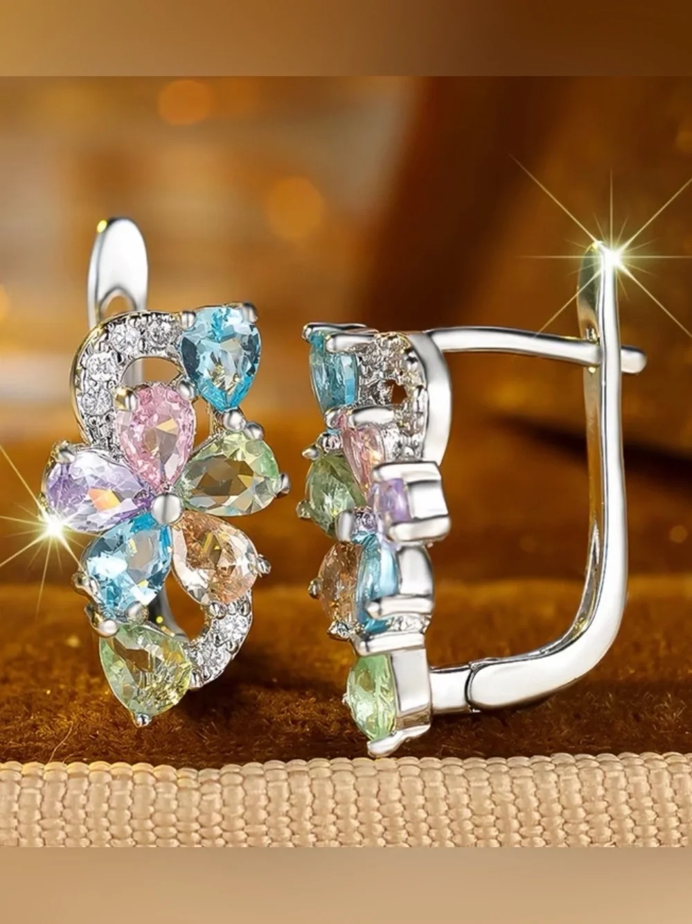 Multi-Color Floral Crystal Stud Earrings. - Picture 3 of 6